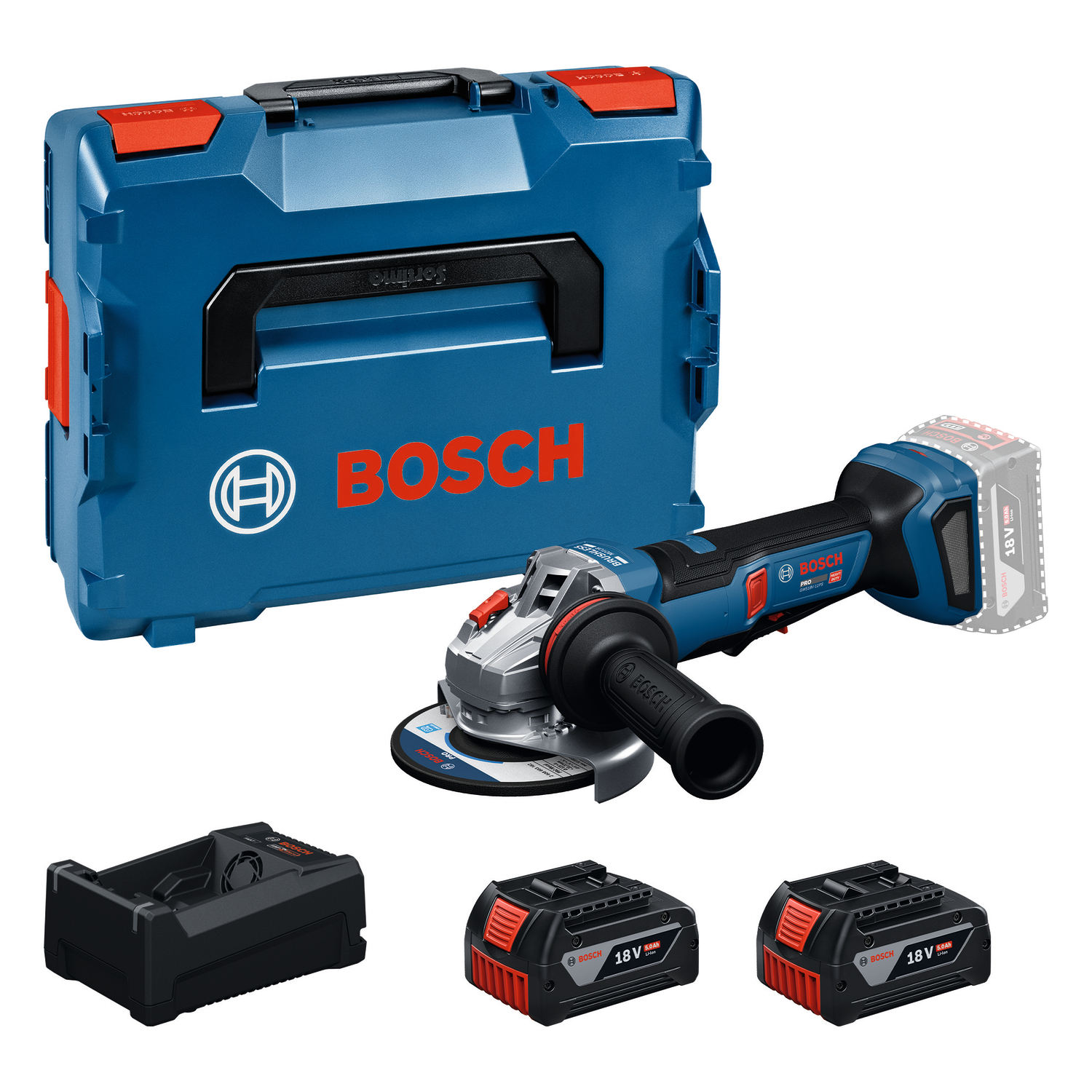 Bosch Blauw 06019N4302 GWS18V-11PS Accu haakse slijper 2x GBA 18V 5.0Ah en lader GAL 12V/18V-80 in L-Boxx