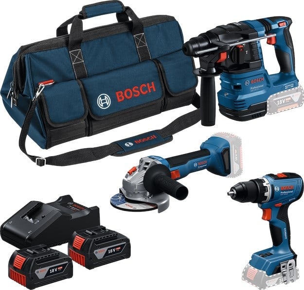 Bosch Blauw 0615A500AH Accutoolkit 3-toolkit 18V GSB 18V-65, GBH 18V-2, GWS 18V-11 3x 5.0Ah accu en lader GAL 12V/18V-80 in toolbag