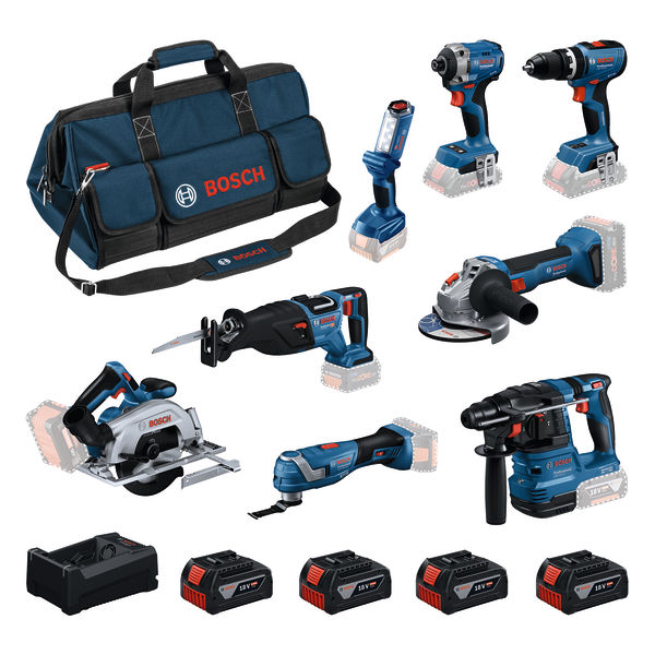 Bosch Blauw 0615V00061 Accutoolkit 8-toolkit 18V GBH 18V-22, GWS 18V-8, GDR 18V-215, GSB 18V-65, GKS 18V-57-2, GSA 18V-28, GOP 18V-34, GLI 18V-300 4x GBA 5.0Ah en lader GAL 12V/18V-80 in toolbag