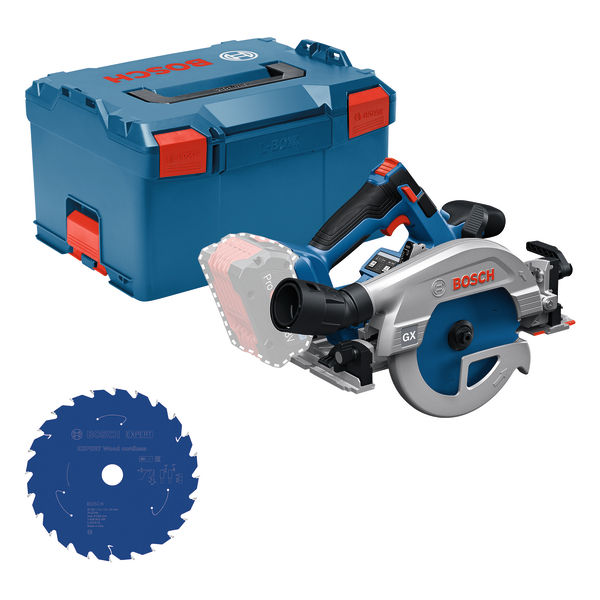 Bosch Blauw 0615A500DZ GKS 18V-57-2 GX Accucirkelzaag 2x 18V 5.0Ah accu en lader + Expert for Wood Cirkelzaagblad in L-BOXX