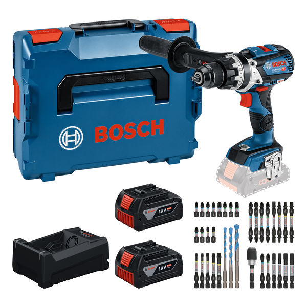 Bosch Blauw 0615A500E0 GSB 18V-110 C Accuklopboorschroevendraaier 2x 18V 5.0Ah accu en lader GAL12V/18V-80 + 35-delige bitset in L-BOXX