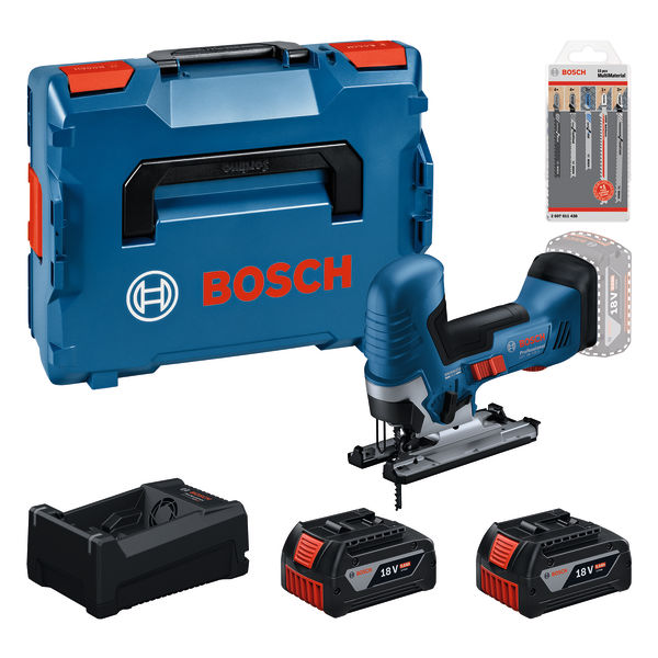 Bosch Blauw 0615A500E5 GST 18V-125 S Accudecoupeerzaag 2x 18V 5.0Ah accu en lader GAL12V/18V-80 + Decoupeerzaagbladenset 15-delig in L-BOXX