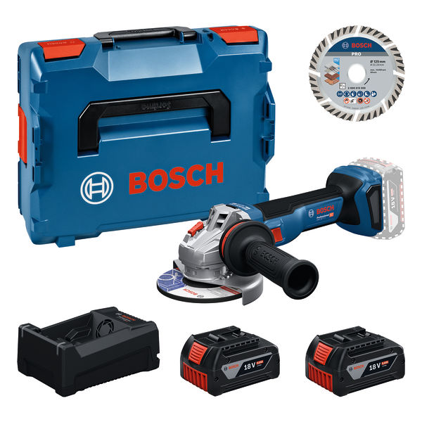 Bosch Blauw 0615A500E6 GWS18V-11S Accu haakse slijper 2x 18V 5.0Ah accu en lader GAL12V/18V-80 + diamantschijf in L-BOXX