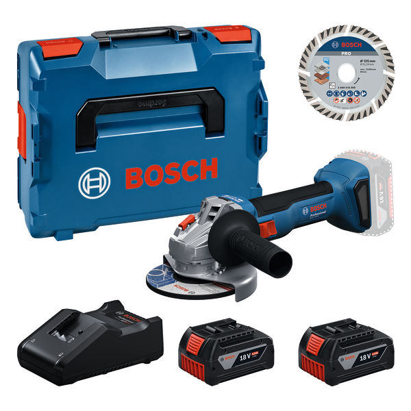 Bosch Blauw 0615A500E7 GWS18V-8 Accu haakse slijper 2x 18V 4.0Ah accu en lader GAL18V-40 + diamantschijf in L-BOXX