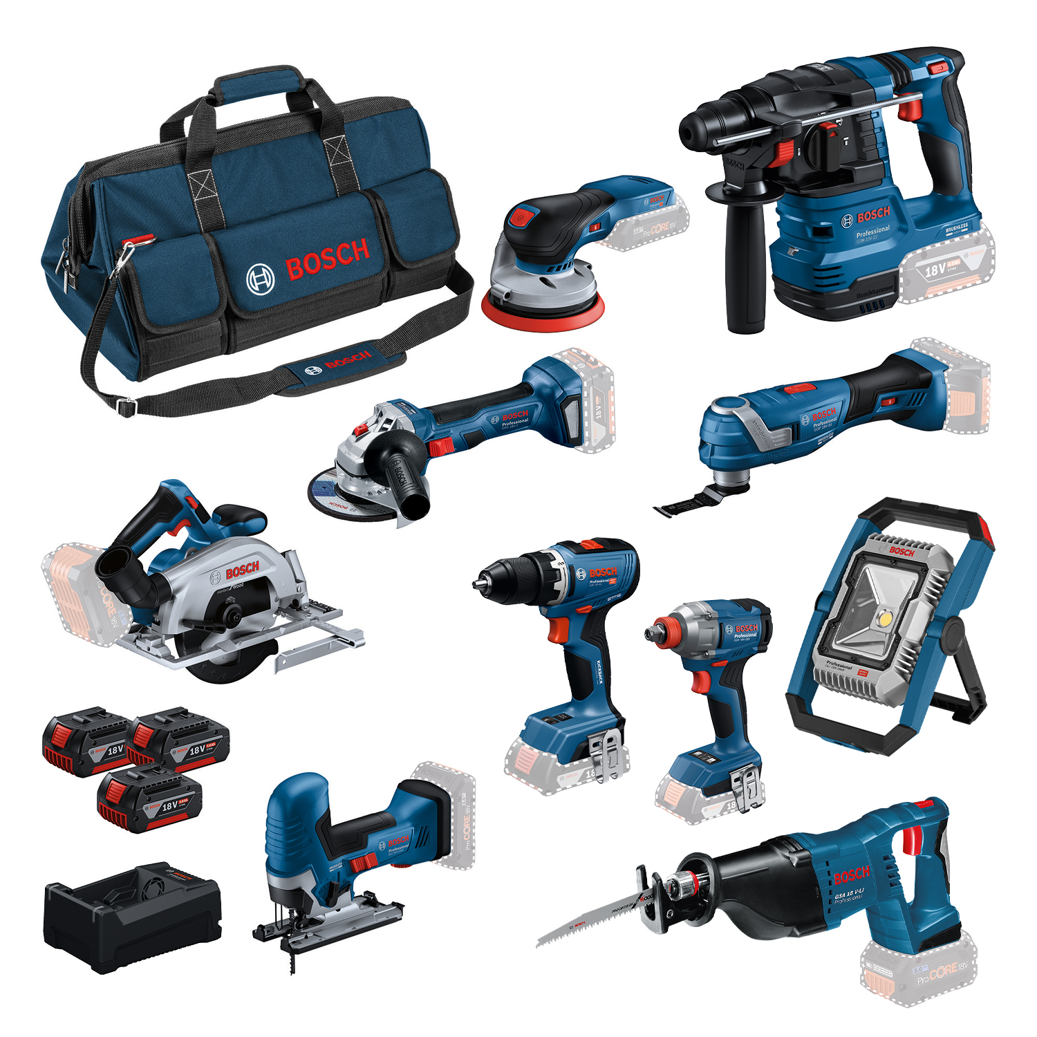 Bosch Blauw BoschTN10 10-delige Comboset – Professionele 18V Gereedschapsset met Tool Bag