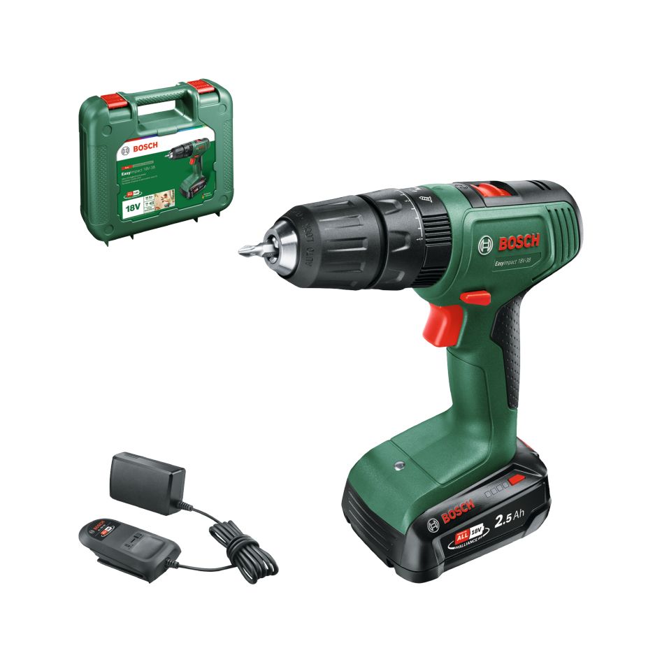Bosch Groen 0615A5008L EasyImpact 18V-38 Accuklopboorschroevendraaier 1x 18V 2.5Ah accu en lader AL 18V-20 in koffer