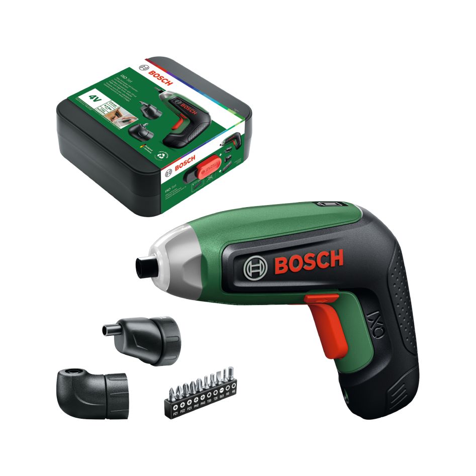 Bosch Groen 06039G4001 IXO 8 4V Accuschroevendraaierset 1x 4V accu 2.0Ah met hoekopzetstuk en excenteropzetstuk + bitset 10-delig in opbergbox