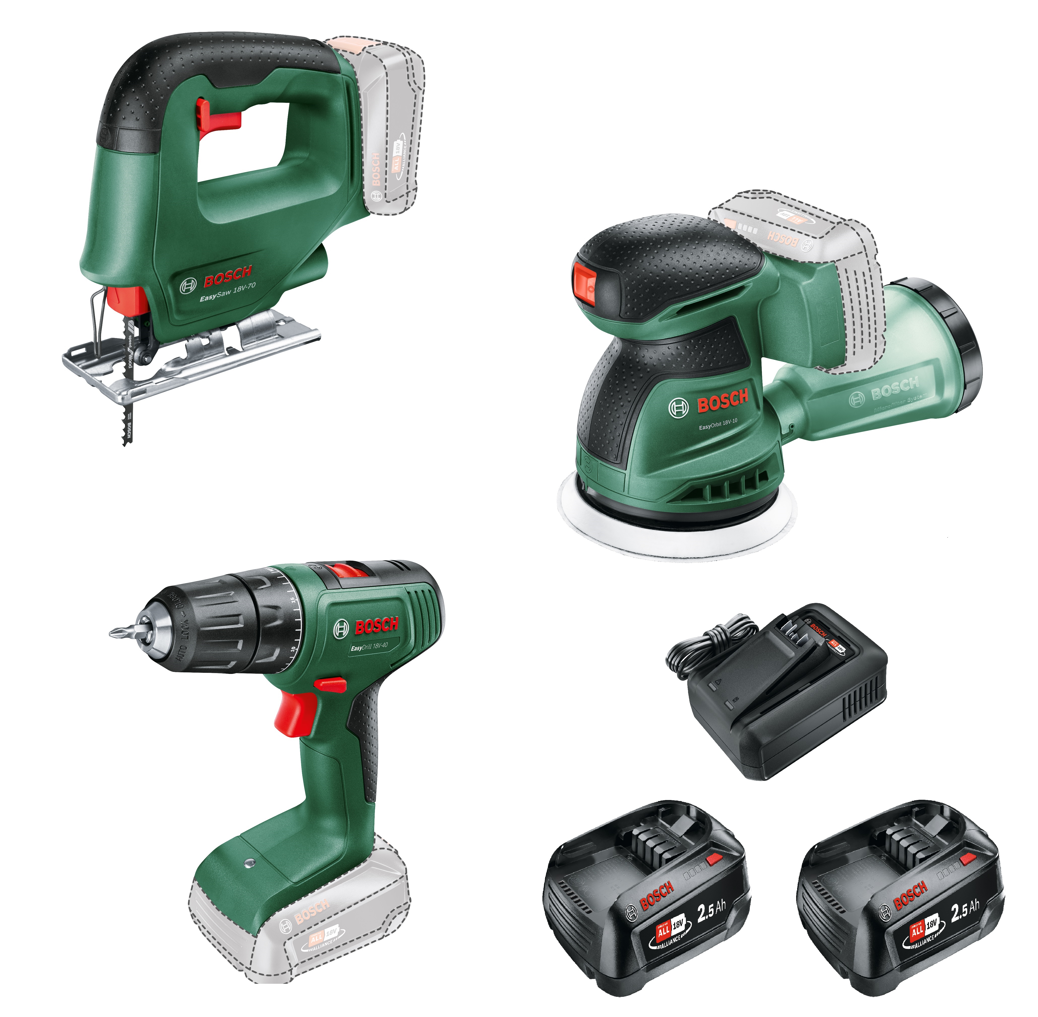 Bosch Groen 0615A500A9 Accutoolkit Combipack 3 machines 2x 18V 2.5Ah accu's en lader AL 18V-44 en gereedschapstas in doos