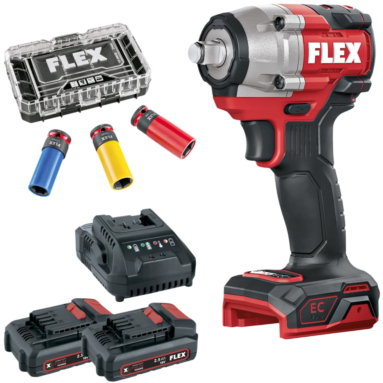 Flex-tools 535921 IW 1/2" 400 18-EC C & IPS D17-21 1/2" Compacte Accu-slagmoersleutel Set 18V incl. 2x2.5 Ah, lader en krachtdoppenset in doos