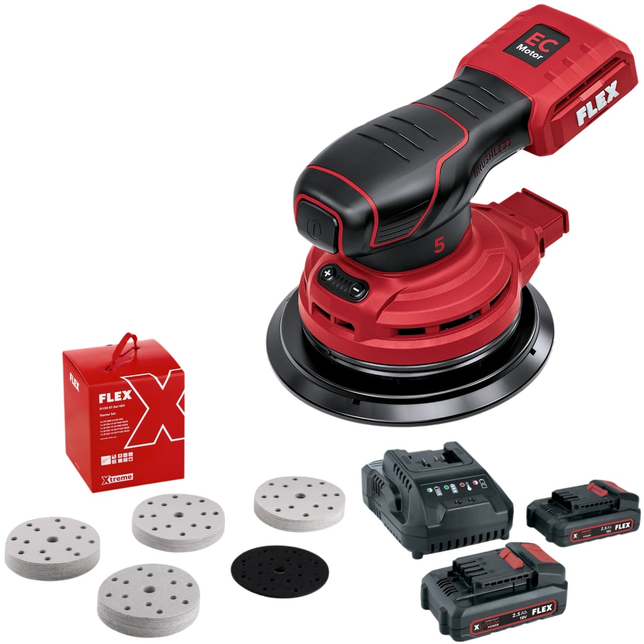 Flex-tools 535932 ORE 5-150 18-EC C Accu-excentrische schuurmachine set 150 mm slag 5 mm incl 2x2.5 Ah, lader en schuurpapierset in doos