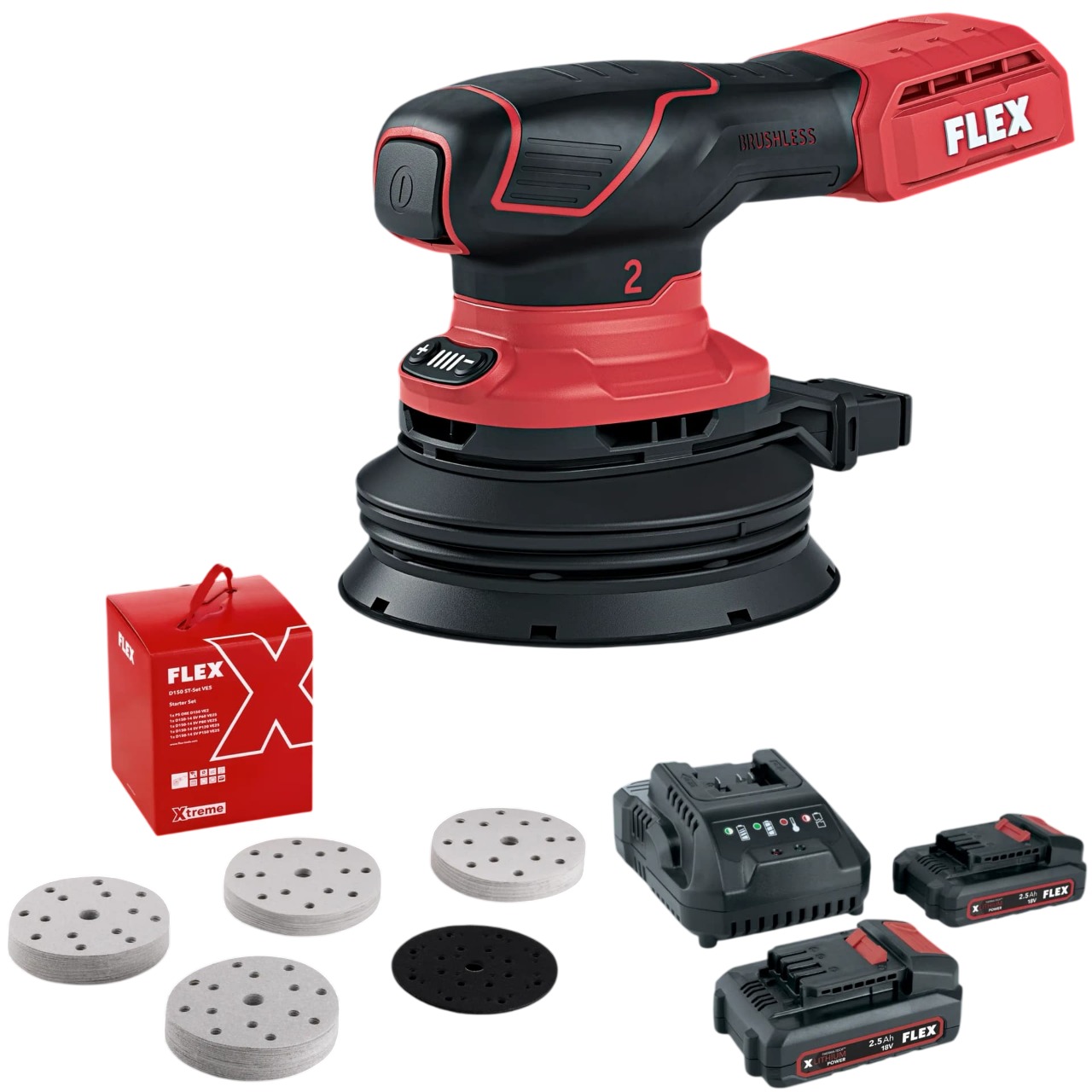 Flex-tools 535933 ORE 2-125 18-EC C Excentrische Accu-schuurmachine 18V incl. 2x2.5 Ah, lader en schuurpapier set in doos