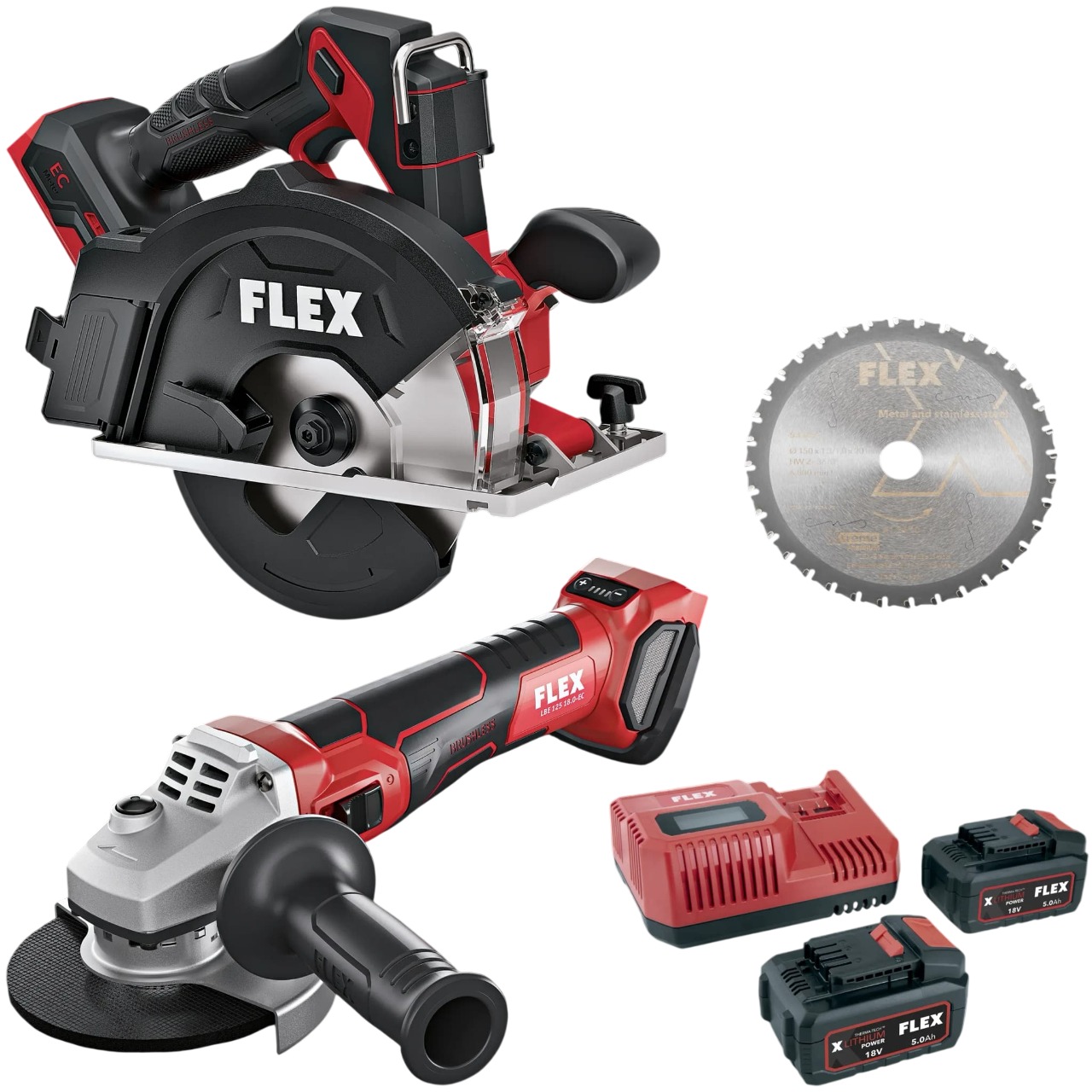 Flex-tools 535934 CSM 57 18-EC C & LBE 125 18.0-EC C Accu-metaalcirkelzaag + Accu-haakse slijper set 18V incl. 5.0 Ah en lader in doos