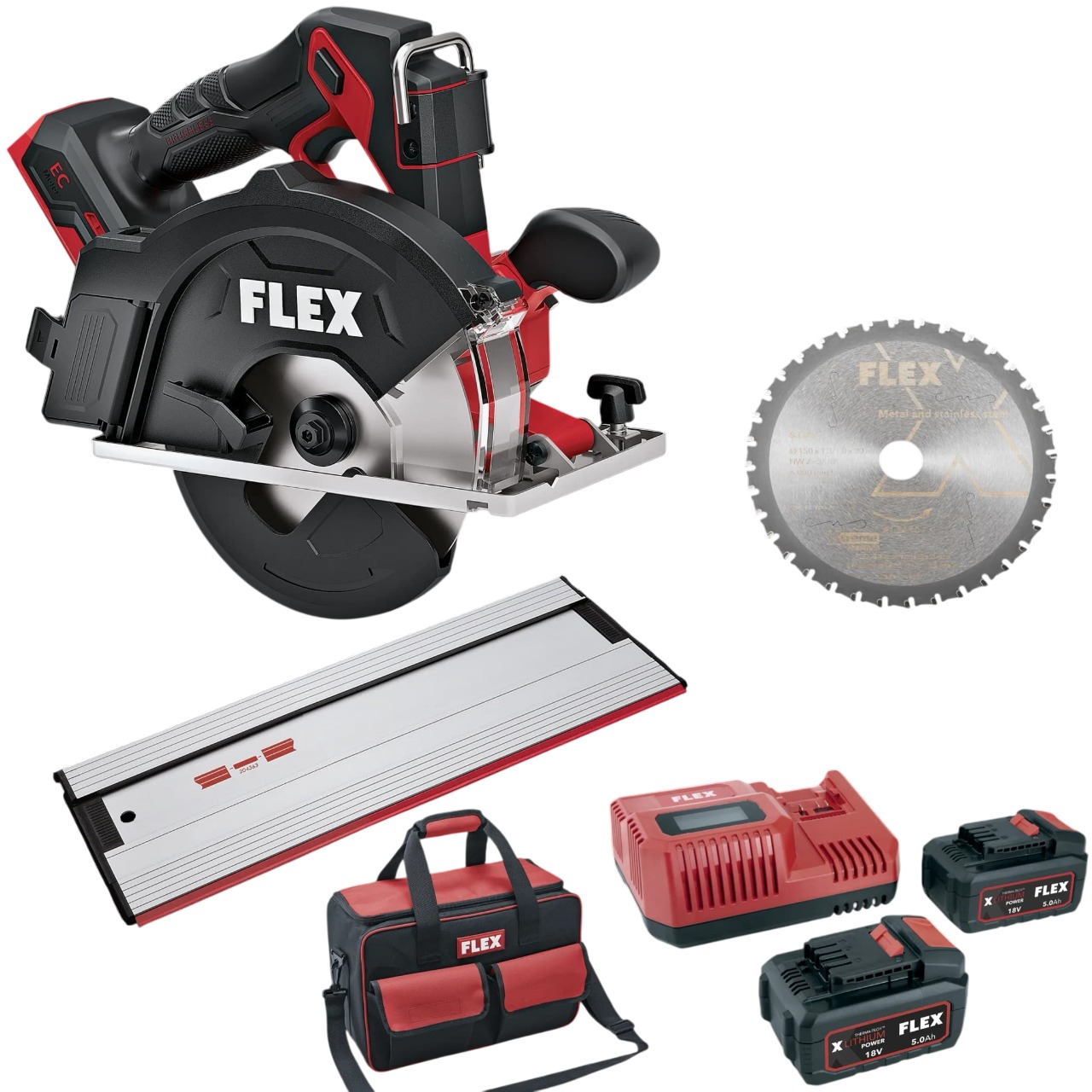Flex-tools 535935 CSM 57 18-EC & GRS 80 Accu-metaalcirkelzaag set 18V incl. 2x5. 0 Ah, lader en geleidingsrail in transporttas