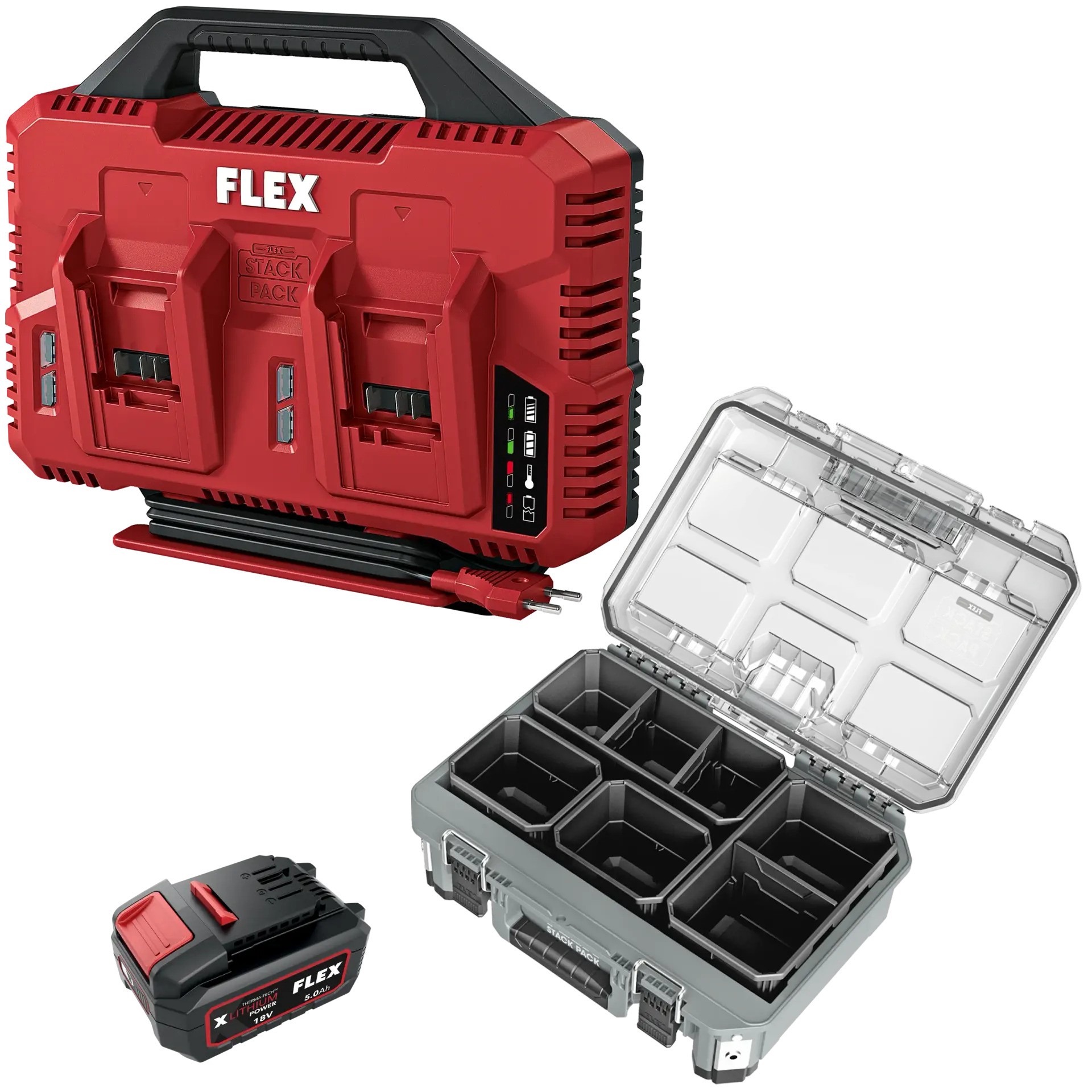 Flex-tools Accessoires 534492 CA SP 2x 12/18 + 4x AP 18/5.0 + TKL SP SO Dubbele lader + 4 x accu 18V 5.0Ah + Small Organizer Stack Pack