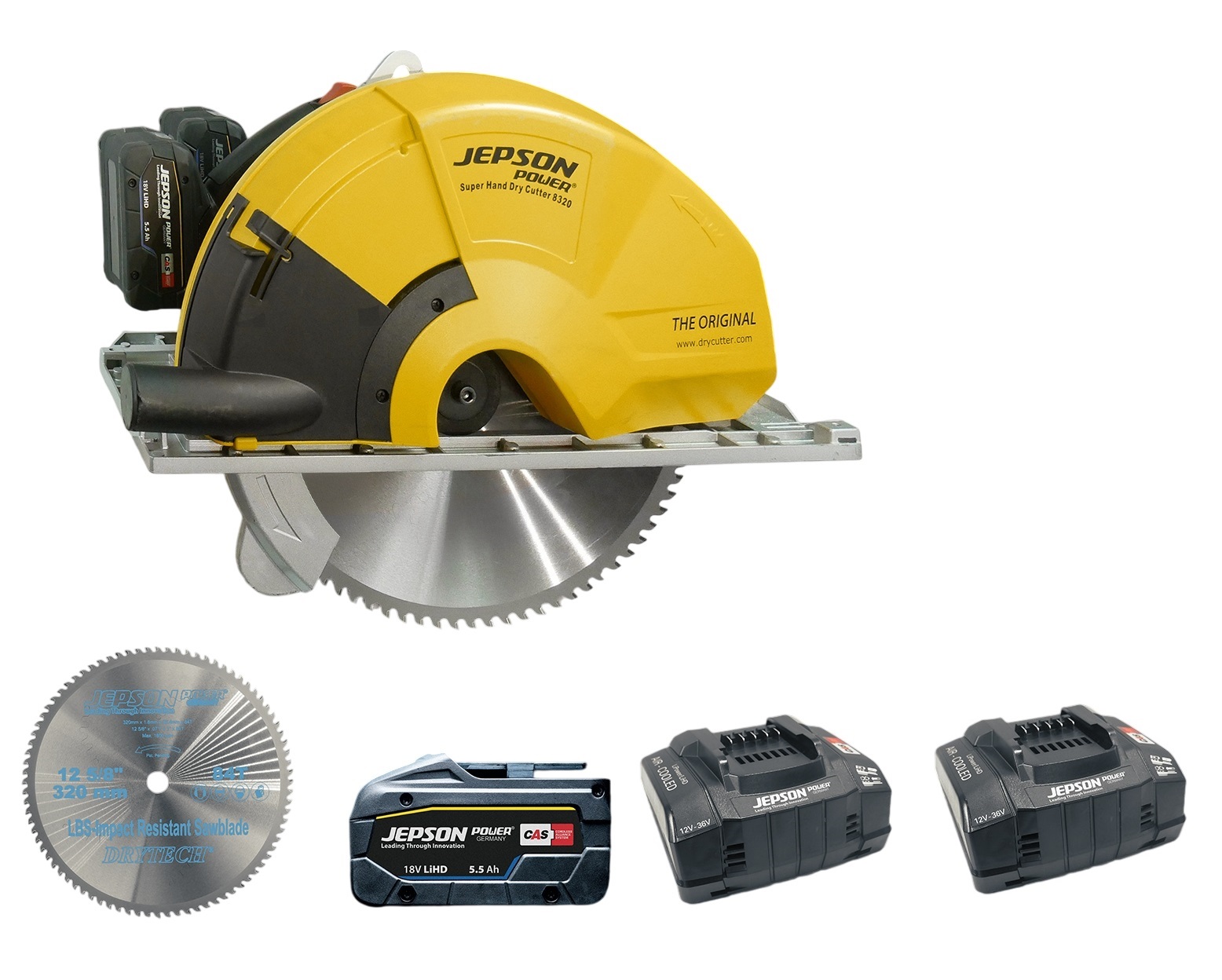Jepson 608270EC2 Super Hand Dry Cutter 8320E Accu-metaalzaag + zaagblad Ø320/84T 2x CAS 5,5AH accu's en 2x snellader
