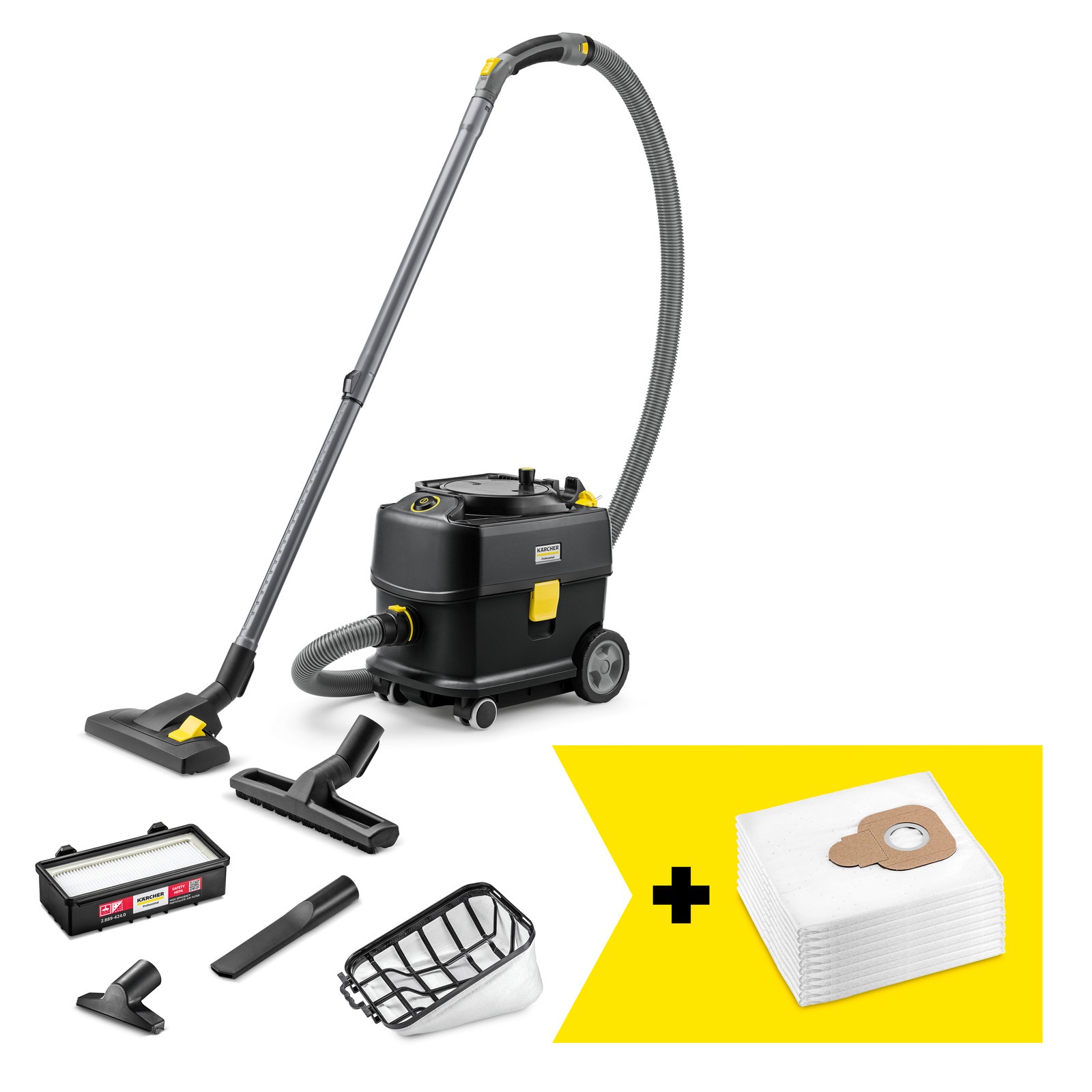 Kärcher Professional 1.527-310.0 T 10/1 Adv HEPA Go!Further Zwarte stofzuiger 230V 10L 40l/s 18kPa incl. 10 vliesfilterzakken en accessoires