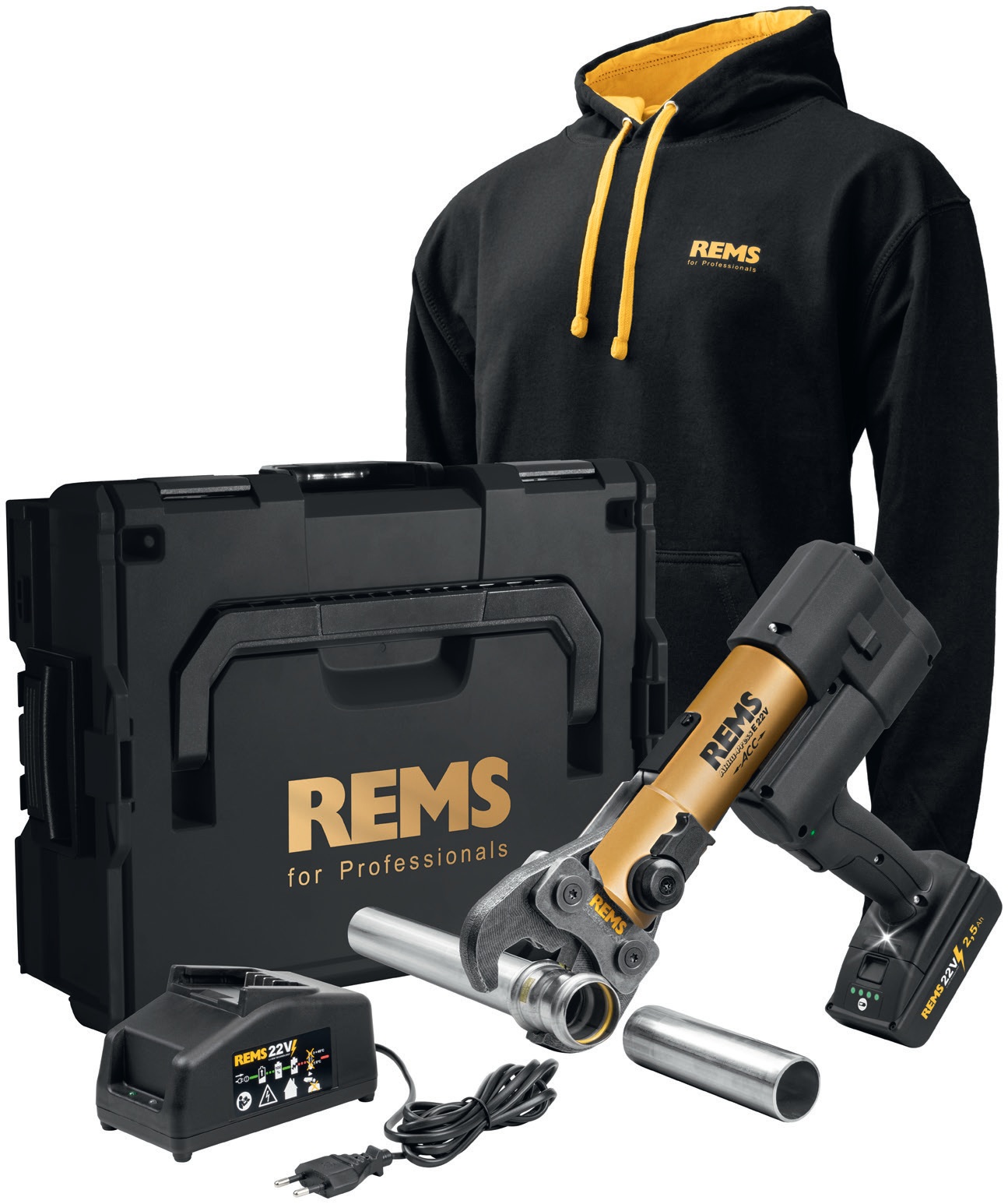 Rems 576X19 RG220 LIMITED EDITION Akku-Press E 22 V ACC Gold 2026 Accu-Perstang 1x 22V 2.5Ah accu en snellader in L-Boxx + REMS Hoody zwart